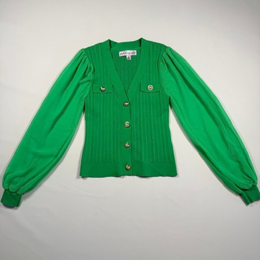 Kelly Green Ribbed Knit Cardigan Sheer Puff Sleeve Gold Button S